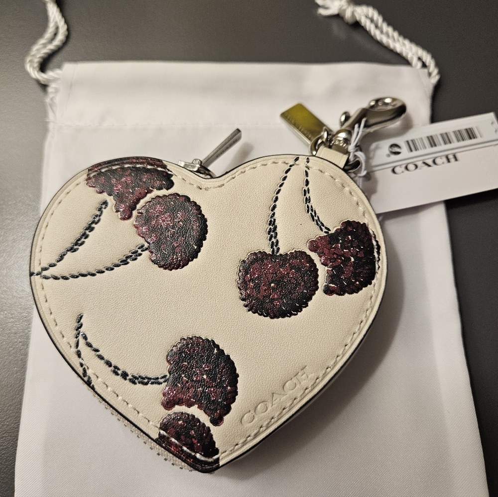 Coach Heart Bag Charm In Cherry Print With Dustbag NWT - Picture 3 of 4